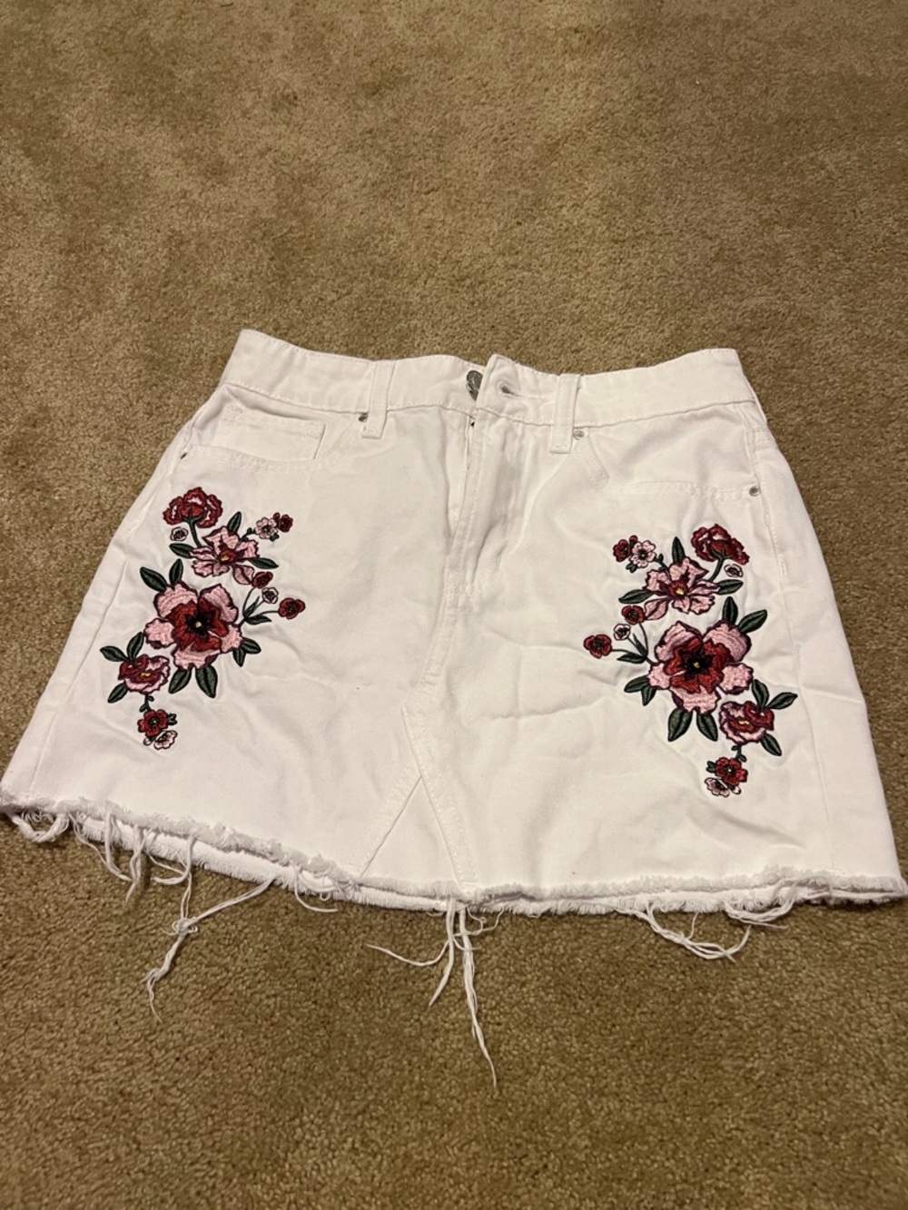 PacSun White Denim Mini Skirt with Red and Pink Floral Embroidery